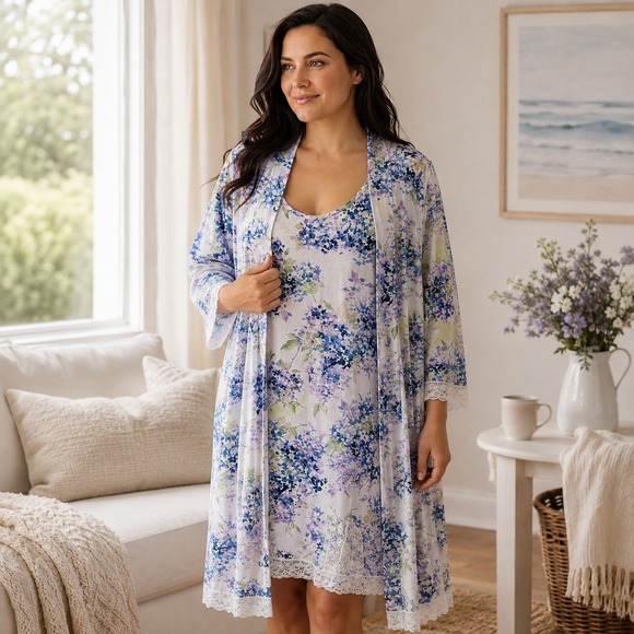 Soft Surroundings Other - Soft Surroundings Tranquility Bamboo Robe & Nightgown M Soft Floral Sleepwear
